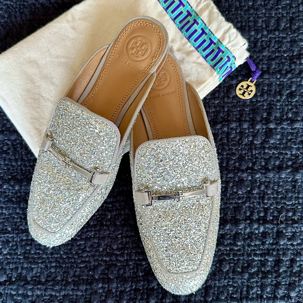 TORY BURCH Amelia Silver Sparkly/Sequin Backless Loafer/Mule